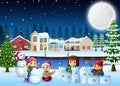 Cartoon happy kids playing and making a snow in wintertime