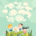 Cartoon happy kids watching clouds in the sky