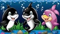 Cartoon happy killer whale and killer whale in the ocean background illustration Royalty Free Stock Photo