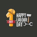 Cartoon Happy labour day vector label isolated on grey. vector happy labor day background or banner with engineer helmet