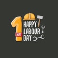 Cartoon Happy labour day vector label isolated on grey. vector happy labor day background or banner with engineer helmet