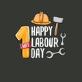 Cartoon Happy labour day vector label isolated on grey. vector happy labor day background or banner with engineer helmet