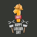 Cartoon Happy labour day vector label isolated on grey. vector happy labor day background or banner with engineer helmet