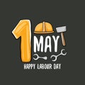 Cartoon Happy labour day vector label isolated on grey. vector happy labor day background or banner with engineer helmet