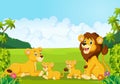 Cartoon happy lion family in the jungle