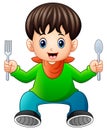 Cartoon happy little boy holding a spoon and fork Royalty Free Stock Photo