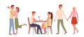 Cartoon happy loving pairs of men women characters sitting at table in cafe together and holding hands, romantic datings Royalty Free Stock Photo