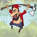 Cartoon happy lumberjack with an axe jumps in the woods