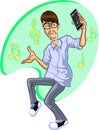 Cartoon of Happy man dancing to music on iPhone