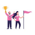 Cartoon happy man holding a trophy and girl holding a flag, colorful design