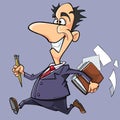 Cartoon happy man in suit and tie running with a notepad in hand Royalty Free Stock Photo
