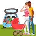 Cartoon happy men with loving baby in red carriage