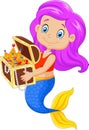 Cartoon happy mermaid holding treasure chest