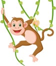 Cartoon happy monkey hanging and holding a banana