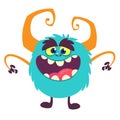 Cartoon Happy Monster With Big Mouth Laughing . Vector illustration of blue monster