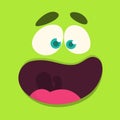 Cartoon happy monster face. Vector Halloween green monster surprised Royalty Free Stock Photo