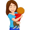 Cartoon happy mother hugging her son