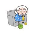 Cartoon Happy Old Lady Making Design with Woolen Vector Illustration