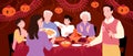 Cartoon happy parents, kids and grandparents gathering at lovely table with hotpot and dishes to eat food of Asian Royalty Free Stock Photo