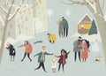 Cartoon happy people enjoying in the winter snowing street. Vacation time Royalty Free Stock Photo