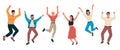 Cartoon happy people. Young men and women laughing. Isolated cheerful characters jumping and waving hands. Teenagers