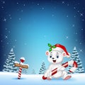 Cartoon happy polar bear holding candy