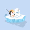 Cartoon happy polar bear with penguin sit on ice floe Royalty Free Stock Photo