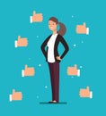 Cartoon happy proud businesswoman leader with many thumbs up hands. Business acknowledgement and customers voting vector Royalty Free Stock Photo