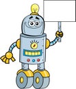 Cartoon happy robot with wheels for feet holding a sign.
