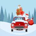 Cartoon Happy Santa Claus in retro car with gift boxes on roof. Stylish vector card for christmas design. Santa leaned Royalty Free Stock Photo