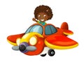 Cartoon happy scene with kid girl in toy traditional plane with propeller flying Royalty Free Stock Photo