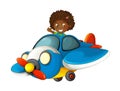 Cartoon happy scene with kid girl in toy traditional plane with propeller flying Royalty Free Stock Photo