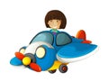 Cartoon happy scene with kid girl in toy traditional plane with propeller flying Royalty Free Stock Photo