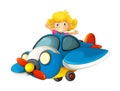 Cartoon happy scene with kid girl in toy traditional plane with propeller flying Royalty Free Stock Photo