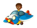 Cartoon happy scene with kid in toy traditional plane with propeller flying