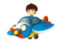 Cartoon happy scene with kid in toy traditional plane with propeller flying