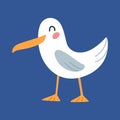 Cartoon happy seagull on isolated blue background. Character of the sea animals for the logo, mascot, design.