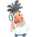 Cartoon happy smiling medical scientist holding magnifying glass