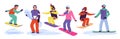 Cartoon happy snowboarders jump from snow mountain slope, adult persons snowboarding, extreme sport and hobby isolated