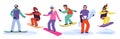 Cartoon happy snowboarders jump from snow mountain slope, adult persons snowboarding, extreme sport and hobby isolated