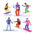 Cartoon happy snowboarders jump from snow mountain slope, adult persons snowboarding, extreme sport and hobby isolated