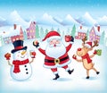 Snowman, Santa, Reindeer In Snow With Hot Cocoa Royalty Free Stock Photo