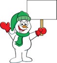 Cartoon happy snowman waving and holding sign.