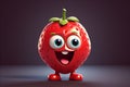 cartoon happy strawberry on dark background, funny illustrated strawberry, childish fruit mockup