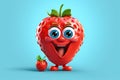 cartoon happy strawberry isolated on blue background, funny illustrated strawberry, childish fruit mockup