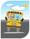 Cartoon happy students rides bus going to school back to school concept Royalty Free Stock Photo