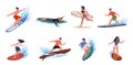 Cartoon happy surfers. Guys and girls ride boards on ocean and sea waves, beach sport people, extreme water activities Royalty Free Stock Photo