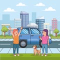 Cartoon happy teenager girls in the street with a dog