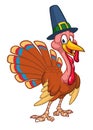 Cartoon happy thanksgiving turkey character wearing pilgrim hat outline. Vector illustration isolated Royalty Free Stock Photo