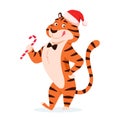 Cartoon happy tiger with Christmas candy cane.